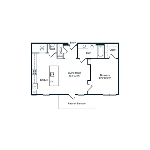 Floor plan for 1 bed, 1 bath, 686 sqft